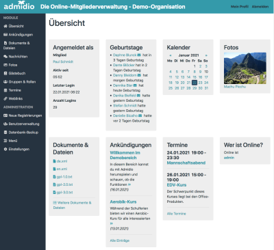 Admidio Übersichtsseite Admidio Übersichtsseite
