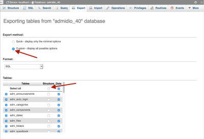 Export settings 1 from phpMyAdmin Export settings 1 from phpMyAdmin